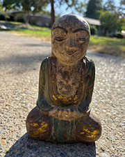 Vintage south east Asia wooden carved gilded seated Buddha Hand painted picture