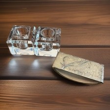 Antique Desk Set 2 Heavy Glass Inkwells 2.5” & One Heinzs Style Ink Blotter Set picture