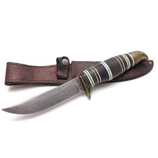 Rare Vintage Western Hunting Knife Brass Pommel Stacked Leather Handle Sheath picture
