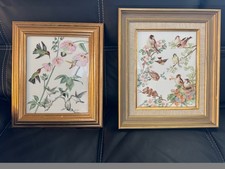 Two (2) Vintage Framed Hand-Painted Porcelain Ornithological Pictures picture