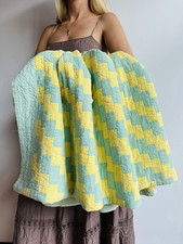 Vintage Handmade 1920s USA Streak of Lightning Quilt 94x76 Cotton Aqua Yellow picture