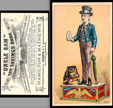 Uncle Sam Mechanical Bank Iron Toy Savings Ad SR.B.us Eagle Victorian Trade Card picture
