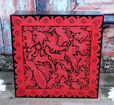Lacquer Box Wild Life Wood Red & Black Handmade Olinalá Mexico Folk Art Large Sz picture