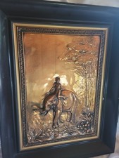 Relief Wall Plaque Copper in a frame 3d Elephant Attendant Riding Made In Spain  picture