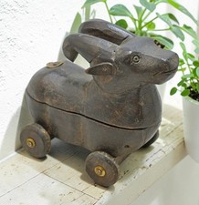 Vintage Wooden Ram on Wheels Figurine Spice Box Original Old Hand Carved picture