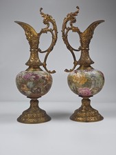1870s Pair of Ornate Bronze Ewers Napoleon III Style Floral Rococo Mantel Decor picture