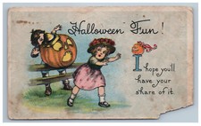 Early Halloween Fun Postcard Boy Scares Girl JOL Frightened Damaged 1917 picture