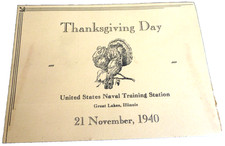 VINTAGE MENU THANKSGIVING DAY US NAVAL TRAINING STATION GREATER LAKES IL 1940 picture