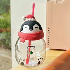 New Rare Starbucks China 2022 Christmas Cute Penguin 22oz Glass Straw Cup picture