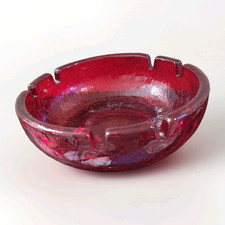 Vintage Mid Century Modern Red Crackle Glass Ashtray / Catchall Dish picture