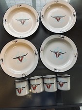 Vintage MCM  Monterrey Western enamelware  4 Dinner Plates 4 cups VGC picture