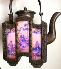 Antique Chinese Pewter Teapot Reverse Painted Glass Luohan Yan Yongli Mark 19C picture
