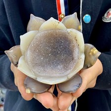 310G Natural Agate Geode Carved Lotus Flower, Hand Carved Healing Crystal Home picture