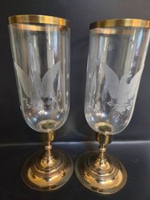 Vintage Pair Brass & Etched Glass Hurricane Candle Holders Federal Eagle Stars 1 picture