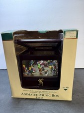 MR. CHRISTMAS 6x6x5”  ILLUMINATED MUSIC BOX WOODEN SANTA & ELVES ANIMATED picture