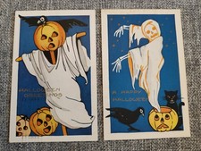 2X Rare HTF Vintage Antique Halloween Whitney Embossed Postcard Crow Scarecrow picture