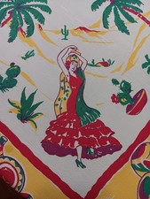 Vintage Mexican Tablecloth, Spanish Dancer, Mariachi Band, Market Vendors picture
