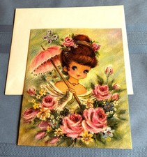 Oversize Vintage Unused Select Card Birthday Greeting Card Pretty Parasol Girl picture