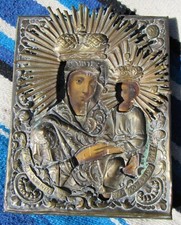 ANTIQUE 18th 19th CENTURY RUSSIAN ICON PAINTING ON PANEL MOTHER & CHILD MADONNA picture