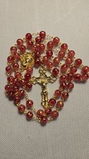 Handcrafted Red Glass Bead Christian Rosary with Gold Tone Crucifix and Medal picture