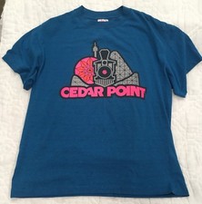 Vintage Cedar Point Rollercoaster Amusement Park Blue Two Sided Logo T-Shirt L  picture