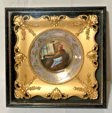 Antique 19th Century HP Plate/Original Shadow Box Gold Gilt Frame/Monk Smoking picture
