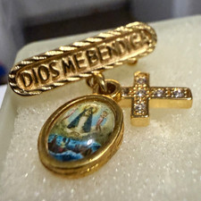 Gold Tone Dios Me Bendiga Bar Pin Brooch w/ Cross Charm Oval Medallion Dangle picture