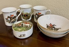 VTG English Bone China Fox Hunt Equestrian Lot 7 pc  Mugs Bowls Trinket Box Set picture