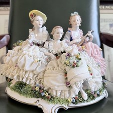 Dresden Porcelain Figurine 3 Lady Germany Net Lace Antique Vtg As Is picture