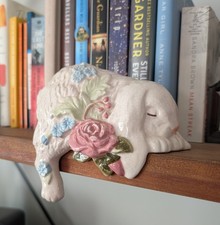 Vintage painted Ceramic shelf sitting sleeping bunny rabbit picture