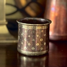 Ganga Jamuna Panchpatra Cup Indian Antique 1800s Brass Copper Holy Water Ritual picture
