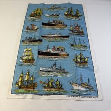 Irish Linen Tea Towel Story of Ships New Ulscer Vintage Blue Cottage Core Gran picture