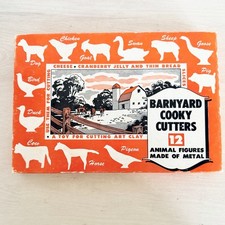 Vintage Barnyard Cooky Cutters 12 Metal Farm Animals Complete Box Disneyland Tag picture