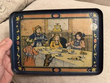 Antique Victorian Lithographed Tin Tray Girls Tea Party Doll Dog c.1900 picture