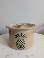 Vintage DK Clay Pottery Stoneware Crock Jar w Lid Blue Pineapple Rustic Kitchen picture