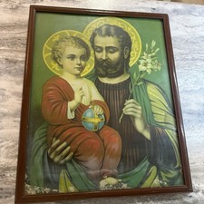 STUNNING LARGE VINTAGE FRAMED ST. JOSEPH & Christ Child PRINT 17 X 21 “ picture