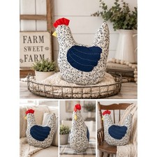 Vtg Handmade Primitive Country Chicken Shelf Sitter Blue Floral Hen Plush picture