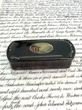 Antique Black Lacquered Paper Mache Snuff Box Hand-Painted Design picture