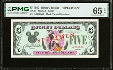 Rare 1987 $5 Disney Dollar Proprietary Specimen PMG Gem Uncirculated 65 EPQ picture