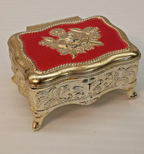 Vintage Made In Japan Victorian Revival Small Trinket Box Gold Tone Red Interior picture