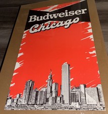 Vintage Budweiser Chicago Promo Poster Skyline Illustrated Bowtie Logo Rare picture