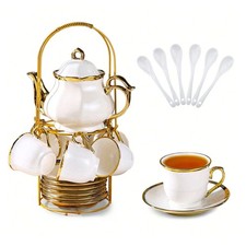 20pc Porcelain Tea Set 6 Cups Saucers Spoons Teapot Stand Gold Floral picture