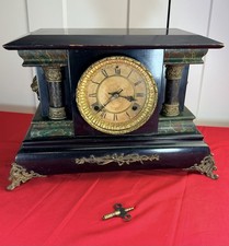 Antique Ingraham 4 Column Lion Head Green Faux Marble Mantel Clock 8 Day picture