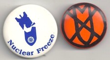 2 Anti-NUKES Pins ~NUCLEAR FREEZE w/ Peace Dove & Graphic X Out NUCLEAR BOMBS picture