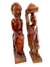 Pair of VTG Hand Carved Wooden African Statues Drummer Man & Woman W/ Basket 12¨ picture