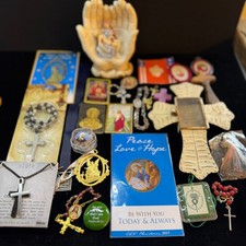 Vintage Catholic Religious What Nots Rosaries, Pins, Devotional Lot 1.9 Pounds picture