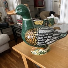 Vintage-Painted Ceramic Duck soup tureen w/ Spoon, signed by artist, Italian picture