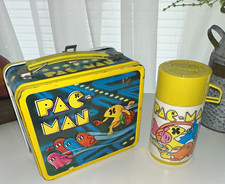 Aladdin Pac-Man Vintage Metal Lunch Box with Matching Yellow Thermos picture