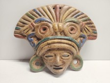 Mexican Terracotta Clay Mask Aztec Mayan Tribal Folk Art Wall Hanging Vintage  picture