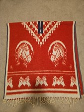 Vintage Mexican Poncho Wool Blanket Gaban Red White Horse Horseshoe Fringe Style picture
